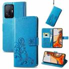For Xiaomi Mi 11T / 11T Pro Four-leaf Clasp Embossed Leather Case with Lanyard & Card Slot & Wallet & Holder(Blue) - 1