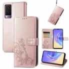 For vivo V21e 5G Four-leaf Clasp Embossed Leather Case with Lanyard & Card Slot & Wallet & Holder(Rose Gold) - 1