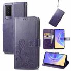 For vivo V21e 5G Four-leaf Clasp Embossed Leather Case with Lanyard & Card Slot & Wallet & Holder(Purple) - 1