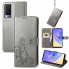 For vivo V21e 5G Four-leaf Clasp Embossed Leather Case with Lanyard & Card Slot & Wallet & Holder(Grey) - 1