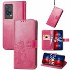 For vivo IQOO 8 Pro Four-leaf Clasp Embossed Leather Case with Lanyard & Card Slot & Wallet & Holder(Rose Red) - 1