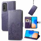 For Honor Play 5T Pro Four-leaf Clasp Embossed Leather Case with Lanyard & Card Slot & Wallet & Holder(Purple) - 1