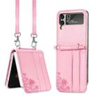 For Samsung Galaxy Z Flip 3 5G Diagonal Lanyard Embossed Card Phone Case(Pink) - 1