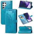 For Samsung Galaxy S22 Ultra 5G Mandala Flower Embossed Horizontal Flip Leather Case with Holder & Card Slots & Wallet & Lanyard(Blue) - 1