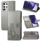 For Samsung Galaxy S22 Ultra 5G Four-leaf Clasp Embossed Leather Phone Case with Lanyard & Card Slot & Wallet & Bracket Function(Grey) - 1