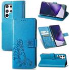 For Samsung Galaxy S22 Ultra 5G Four-leaf Clasp Embossed Leather Phone Case with Lanyard & Card Slot & Wallet & Bracket Function(Blue) - 1