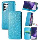 For Samsung Galaxy S22 Ultra 5G Blooming Mandala Embossed Magnetic Horizontal Flip Leather Case with Holder & Card Slots & Wallet(Blue) - 1