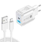 PD25W USB-C / Type-C + QC3.0 USB Dual Ports Fast Charger with USB to 8 Pin Data Cable, EU Plug(White) - 1