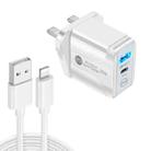 PD25W USB-C / Type-C + QC3.0 USB Dual Ports Fast Charger with USB to 8 Pin Data Cable, UK Plug(White) - 1