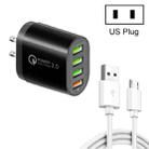 QC-04 QC3.0 + 3 x USB2.0 Multi-ports Charger with 3A USB to Micro USB Data Cable, US Plug(Black) - 1