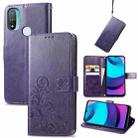 For Motorola Moto E20 Four-leaf Clasp Embossed Leather Case with Lanyard & Card Slot & Wallet & Holder(Purple) - 1