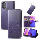 For Motorola Moto E40 Four-leaf Clasp Embossed Leather Case with Lanyard & Card Slot & Wallet & Holder(Purple) - 1