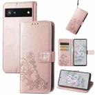 For Google Pixel 6a Four-leaf Clasp Embossed Buckle Leather Phone Case(Rose Gold) - 1