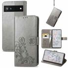 For Google Pixel 6a Four-leaf Clasp Embossed Buckle Leather Phone Case(Gray) - 1