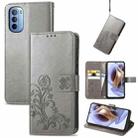 For Motorola Moto G31 Four-leaf Clasp Embossed Buckle Leather Phone Case(Gray) - 1