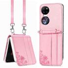 For Huawei  P50 Pocket Diagonal Embossed Card Folding Phone Case(Pink) - 1