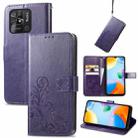 For Xiaomi Redmi 10C Four-leaf Clasp Embossed Buckle Leather Phone Case(Purple) - 1