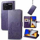 For Xiaomi Poco M4 Pro Four-leaf Clasp Embossed Buckle Leather Phone Case(Purple) - 1