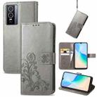 For vivo Y76 5G Four-leaf Clasp Embossed Buckle Leather Phone Case(Gray) - 1