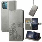 For Nokia G21 Four-leaf Clasp Embossed Buckle Leather Phone Case(Gray) - 1