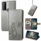 For TCL 30 V 5G Four-leaf Clasp Embossed Buckle Leather Phone Case(Gray) - 1