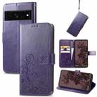 For Google Pixel 7 Pro 5G Four-leaf Clasp Embossed Buckle Leather Phone Case(Purple) - 1