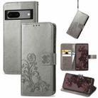 For Google Pixel 7 5G Four-leaf Clasp Embossed Buckle Leather Phone Case(Gray) - 1