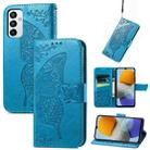 For Samsung Galaxy M23 Butterfly Love Flower Embossed Leather Phone Case(Blue) - 1