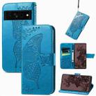 For Google Pixel 7 Pro 5G Butterfly Love Flower Embossed Leather Phone Case(Blue) - 1