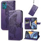 For Motorola Moto G22 Butterfly Love Flower Embossed Leather Phone Case(Dark Purple) - 1