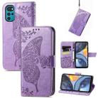 For Motorola Moto G22 Butterfly Love Flower Embossed Leather Phone Case(Light Purple) - 1