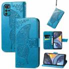 For Motorola Moto G22 Butterfly Love Flower Embossed Leather Phone Case(Blue) - 1