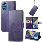 For Motorola Moto G22 Four-leaf Clasp Embossed Buckle Leather Phone Case(Purple) - 1