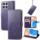 For Honor X8 4G Four-leaf Clasp Embossed Buckle Leather Phone Case(Purple) - 1