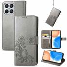 For Honor X8 4G Four-leaf Clasp Embossed Buckle Leather Phone Case(Gray) - 1