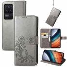 For Xiaomi Redmi K40S Four-leaf Clasp Embossed Buckle Leather Phone Case(Gray) - 1