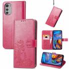 For Motorola Moto E32 Four-leaf Clasp Embossed Buckle Leather Phone Case(Magenta) - 1