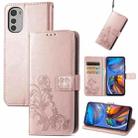 For Motorola Moto E32 Four-leaf Clasp Embossed Buckle Leather Phone Case(Rose Gold) - 1