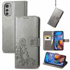 For Motorola Moto E32 Four-leaf Clasp Embossed Buckle Leather Phone Case(Gray) - 1