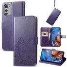 For Motorola Moto E32 Four-leaf Clasp Embossed Buckle Leather Phone Case(Purple) - 1