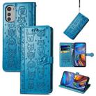 For Motorola Moto E32 Cute Cat and Dog Embossed Flip Leather Phone Case(Blue) - 1