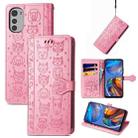 For Motorola Moto E32 Cute Cat and Dog Embossed Flip Leather Phone Case(Pink) - 1