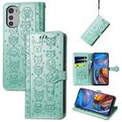 For Motorola Moto E32 Cute Cat and Dog Embossed Flip Leather Phone Case(Green) - 1