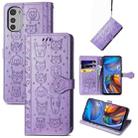 For Motorola Moto E32 Cute Cat and Dog Embossed Flip Leather Phone Case(Purple) - 1