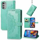 For Motorola Moto E32 Mandala Flower Embossed Horizontal Flip Leather Phone Case(Green) - 1