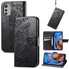 For Motorola Moto E32 Butterfly Love Flower Embossed Flip Leather Phone Case(Black) - 1