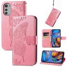 For Motorola Moto E32 Butterfly Love Flower Embossed Flip Leather Phone Case(Pink) - 1