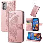 For Motorola Moto E32 Butterfly Love Flower Embossed Flip Leather Phone Case(Rose Gold) - 1