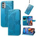 For Motorola Moto E32 Butterfly Love Flower Embossed Flip Leather Phone Case(Blue) - 1