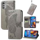 For Motorola Moto E32 Butterfly Love Flower Embossed Flip Leather Phone Case(Gray) - 1